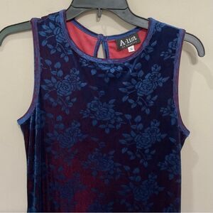 Vintage A-List Blue Velour Gown Rose Print Sz S Maxi Sleeveless Dress Wrapper